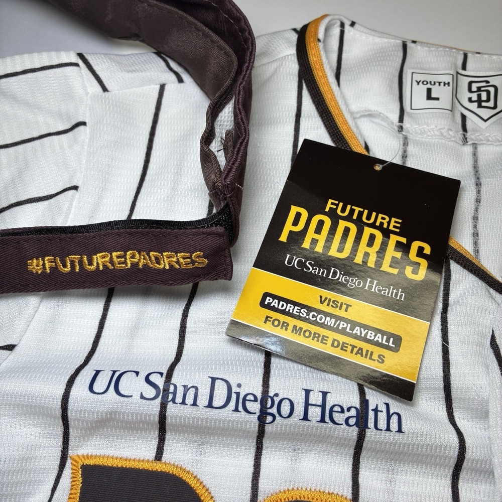 San Diego Padres Youth Large Baseball Jersey and Visor Set White Pinstripe NWT - Picture 5 of 12